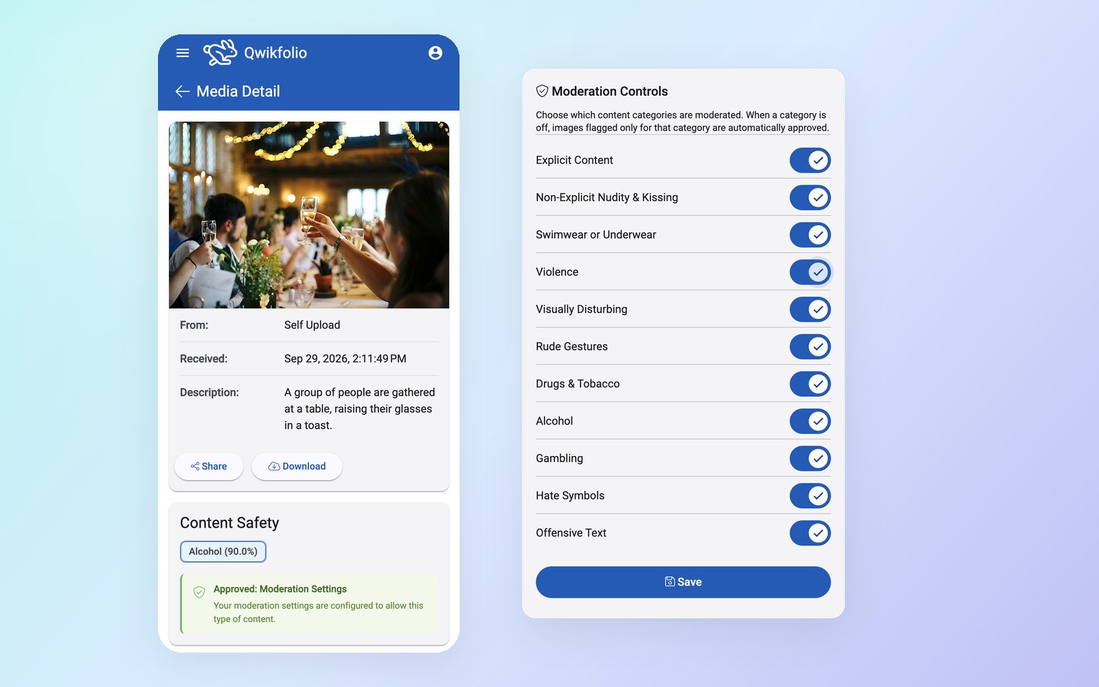 A Qwikfolio media detail page with the AI description and content-safety results, beside the moderation controls