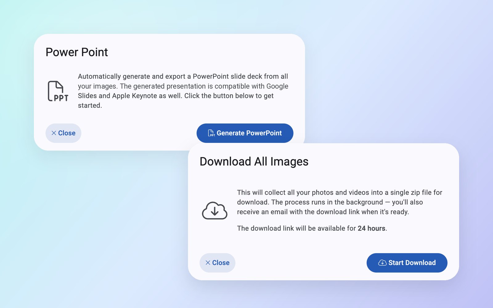 The Qwikfolio PowerPoint export and Download All dialogs