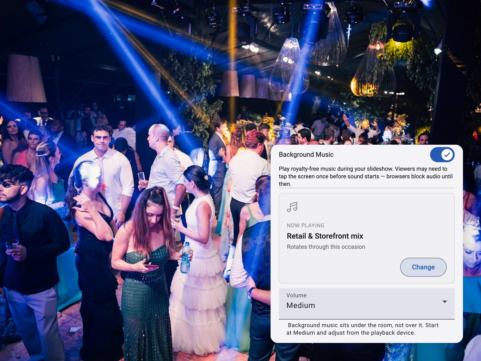 Qwikfolio background music settings over a lively reception dance floor