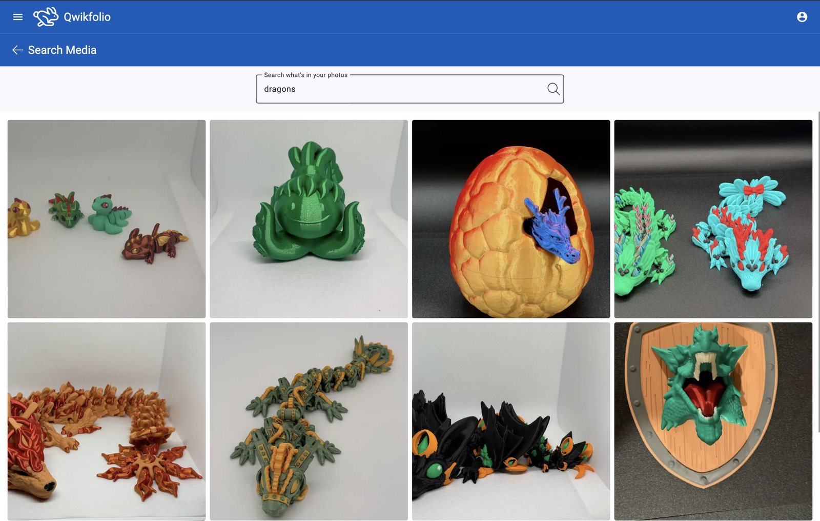 Searching a Qwikfolio collection for “dragons” returns every dragon photo, with no tags or filenames