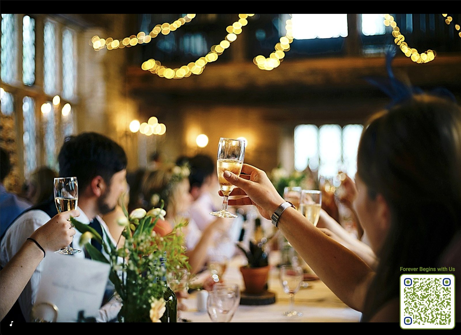 A live Qwikfolio wedding slideshow with a branded QR code inviting guests to add photos